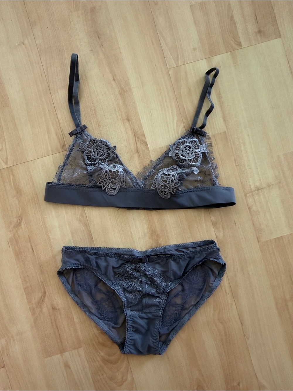 Shirley of Hollywood Sheer Lace Bralette & Panty Set - Gray